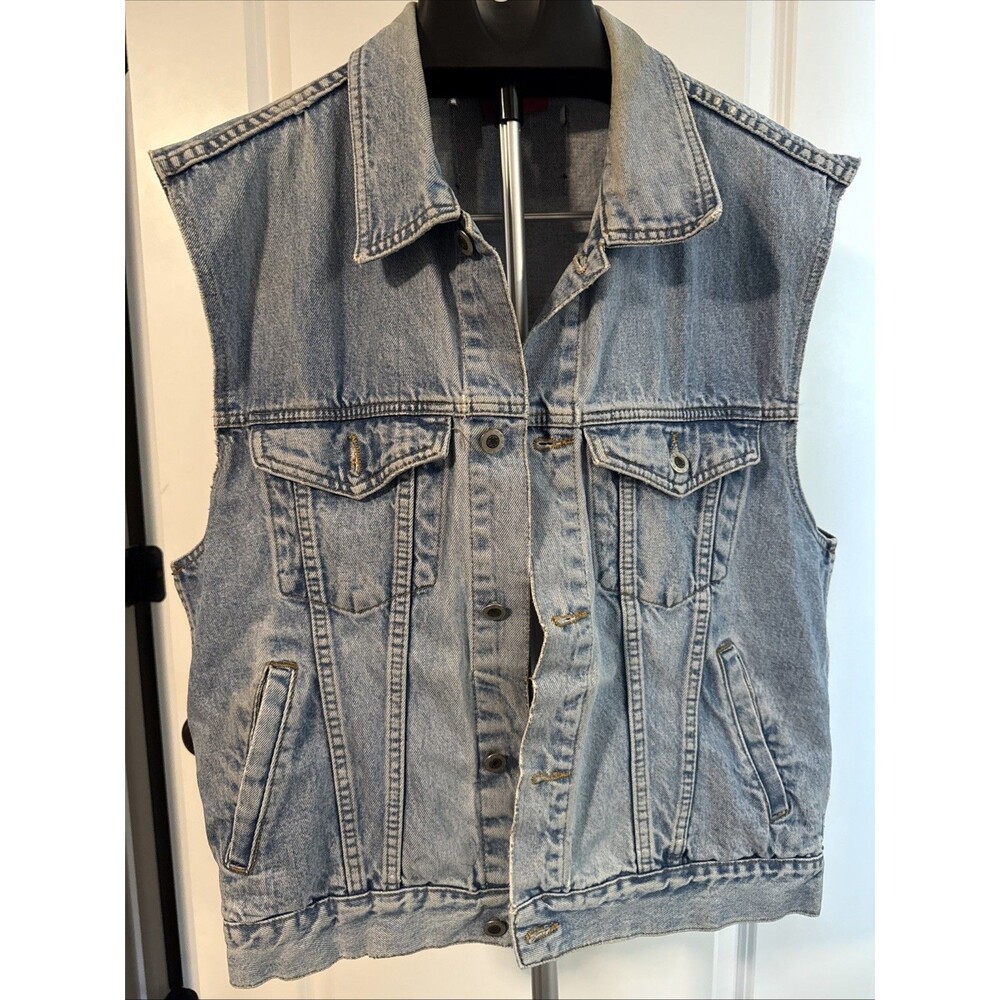 Vtg 90s Carol's Denim Distressed Worn Streetwear Button Up Vest WOMENS LARGE